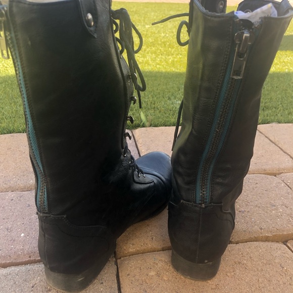 Black Faux Leather Lace-up Combat Moto Boots, w/cool turquoise lined Back Zipper - Picture 6 of 16